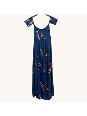 Rebellion Blue Floral Maxi Dress Womens Large Off Shoulder Smocked Boho